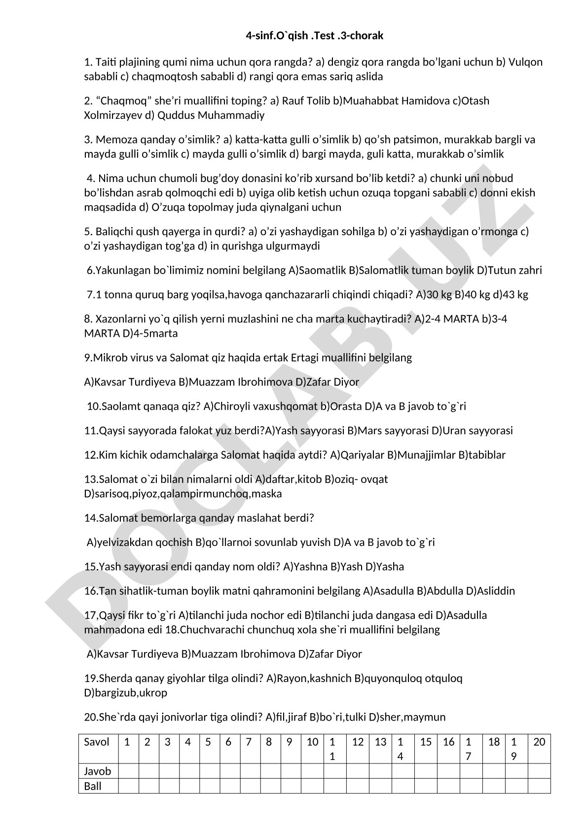 4-sinf O'qish fani 3-chorak test savollari