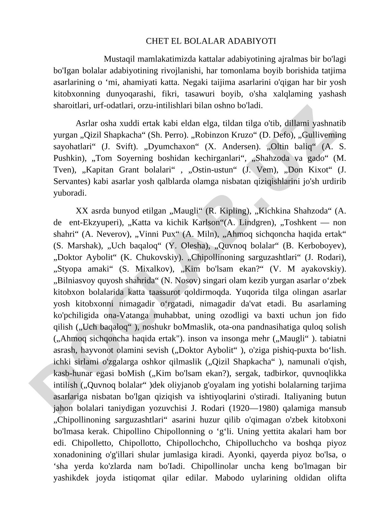 Chet el bolalar adabiyotida tarjima asarlarining ahamiyati