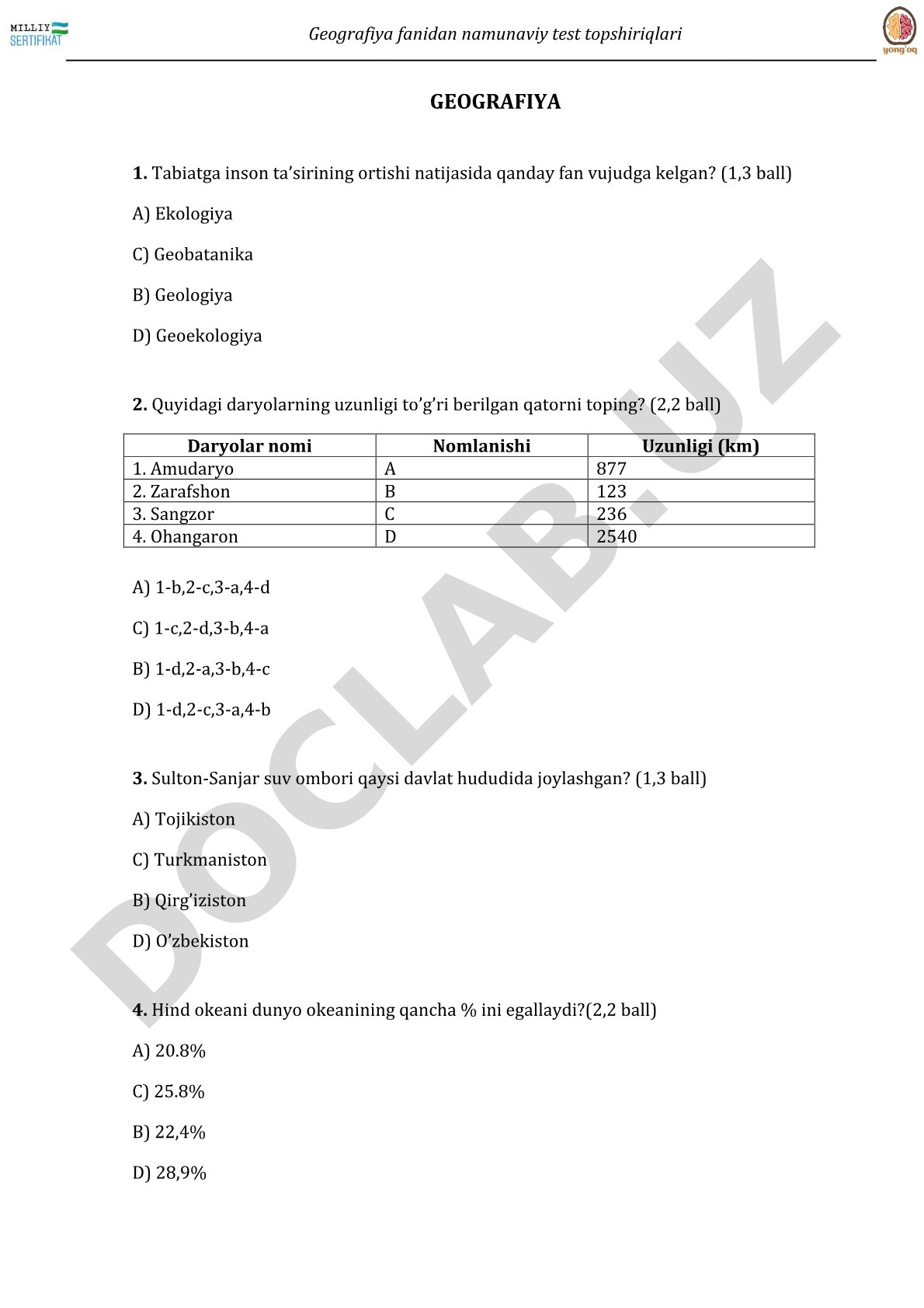 Geografiya fanidan namunaviy test topshiriqlari