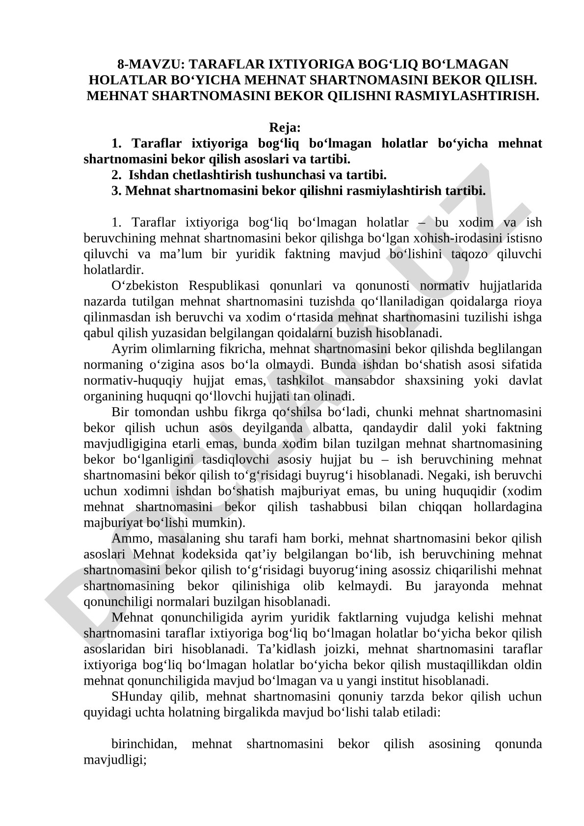Taraflar ixtiyoriga bog‘liq bo‘lmagan holatlar bo‘yicha mehnat shartnomasini bekor qilish. Mehnat shartnomasini bekor qilishni rasmiylashtirish