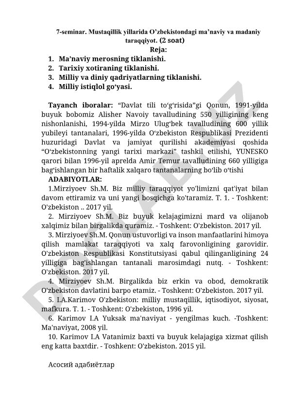 Mustaqillik yillarida O'zbekistondagi ma'naviy va madaniy taraqqiyot
