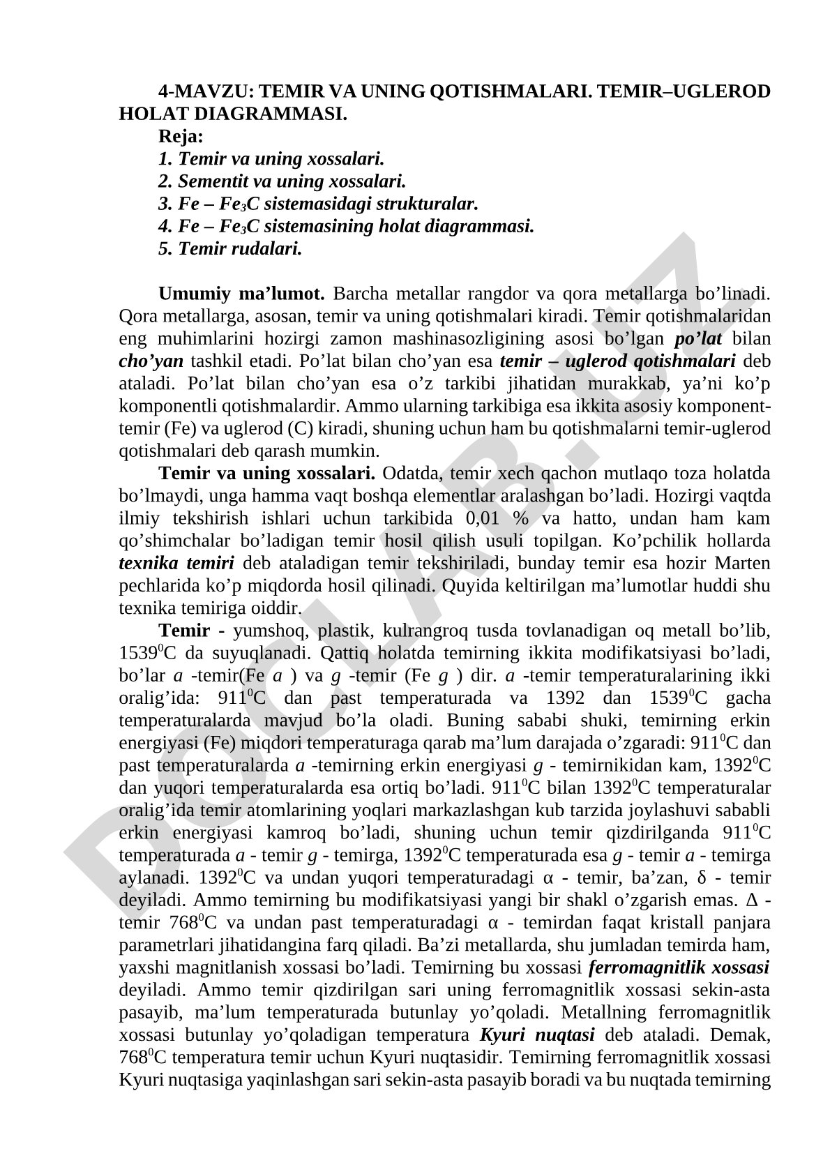 Temir va uning qotishmalari. Temir–uglerod holat diagrammasi