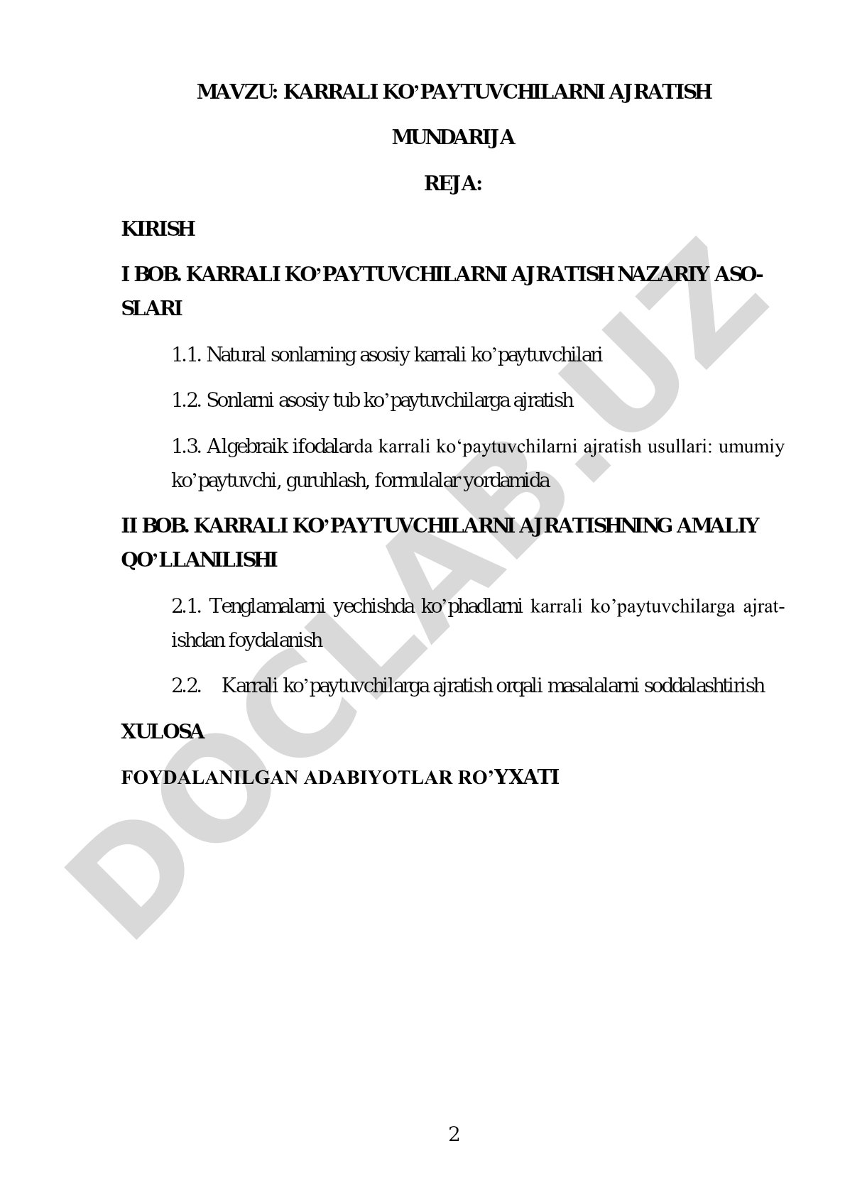 Kurs ishi: karrali ko'paytuvchilarni ajratishning nazariy asoslari va amaliy