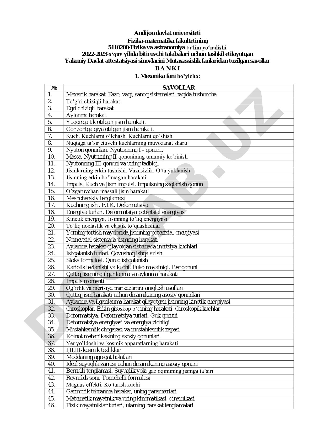 Mutaxassislik fanlaridan Yakuniy Davlat attestatsiyasi savollar banki