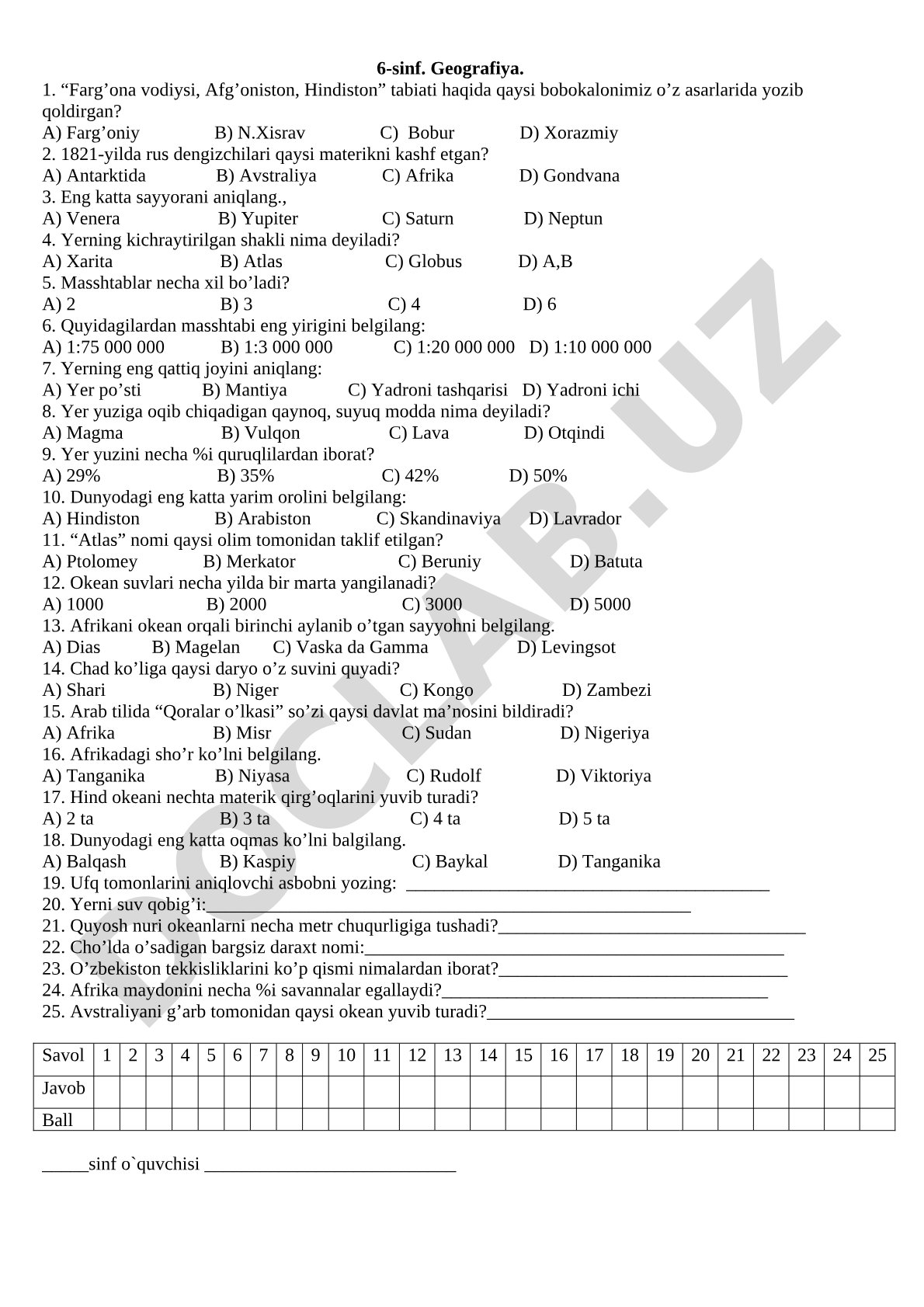 6-sinf geografiya fanidan test savollari