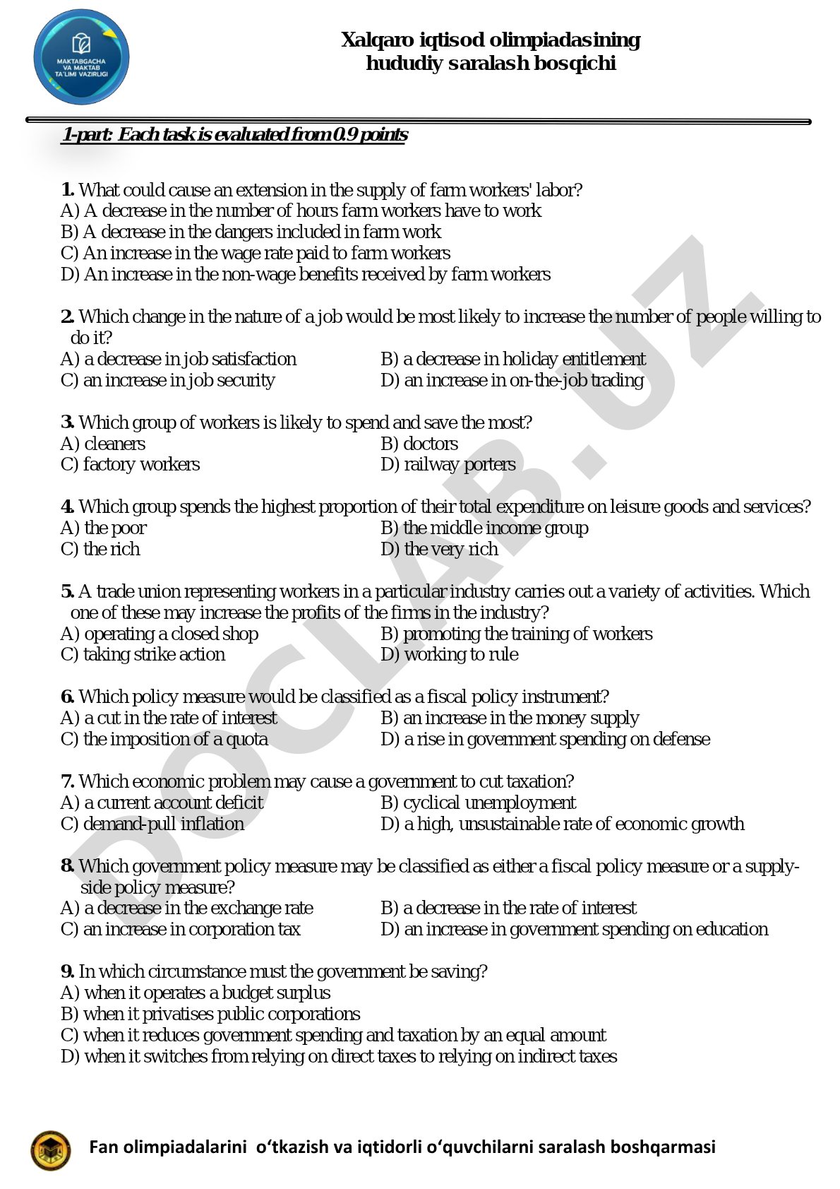 Regional Economics Olympiad Selection Exam Questions