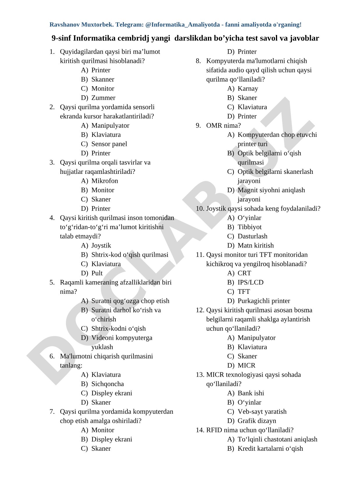 9-sinf Informatika cembridj yangi darslikdan bo’yicha test savol va javoblar