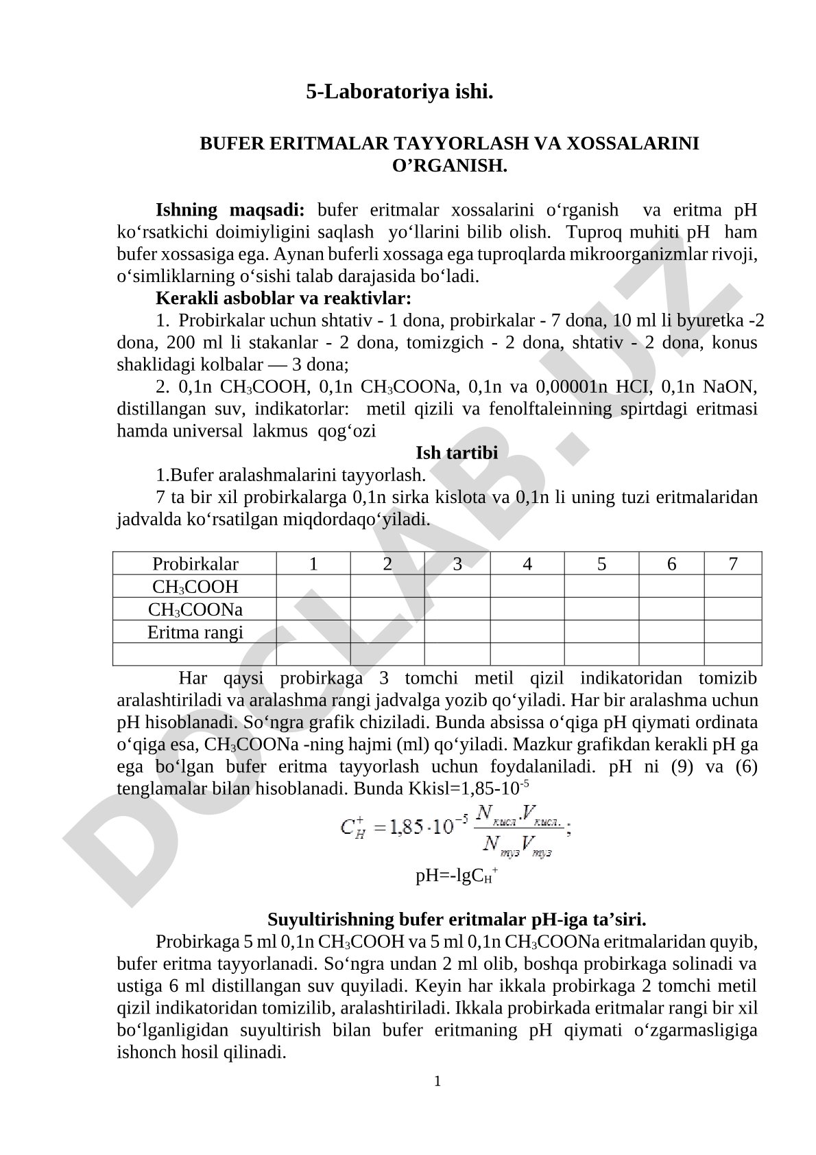 Bufer eritmalar tayyorlash va xossalarini o'rganish