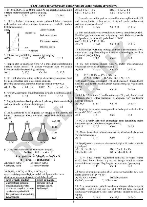 Kimyo fanidan test savollari to'plami