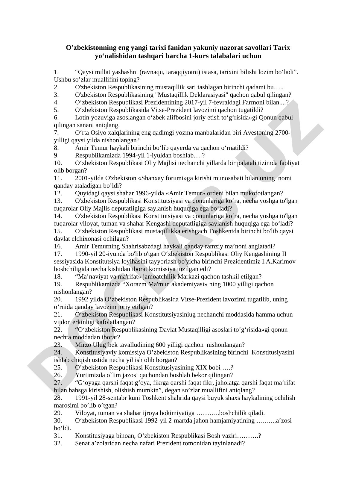 O‘zbekistonning eng yangi tarixi fanidan yakuniy nazorat savollari