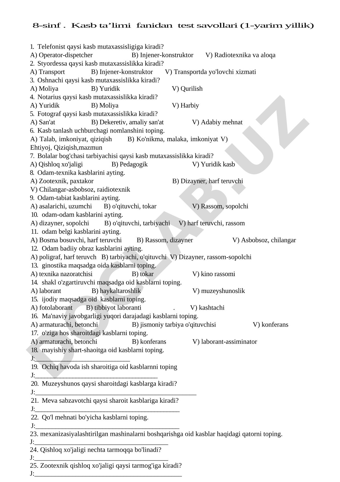 8-sinf Kasb ta'limi fanidan test savollari (1-yarim yillik)