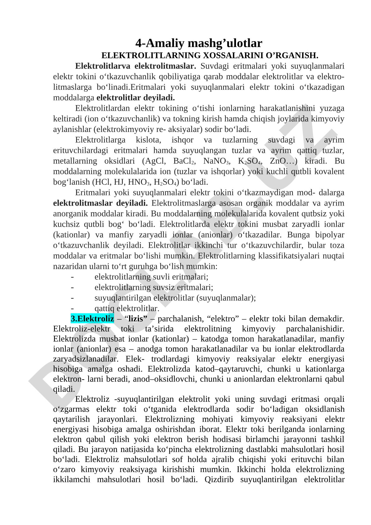 Elektrolitlar va elektrolitmaslar haqida, ularning elektr tokini o'tkazish xossalari