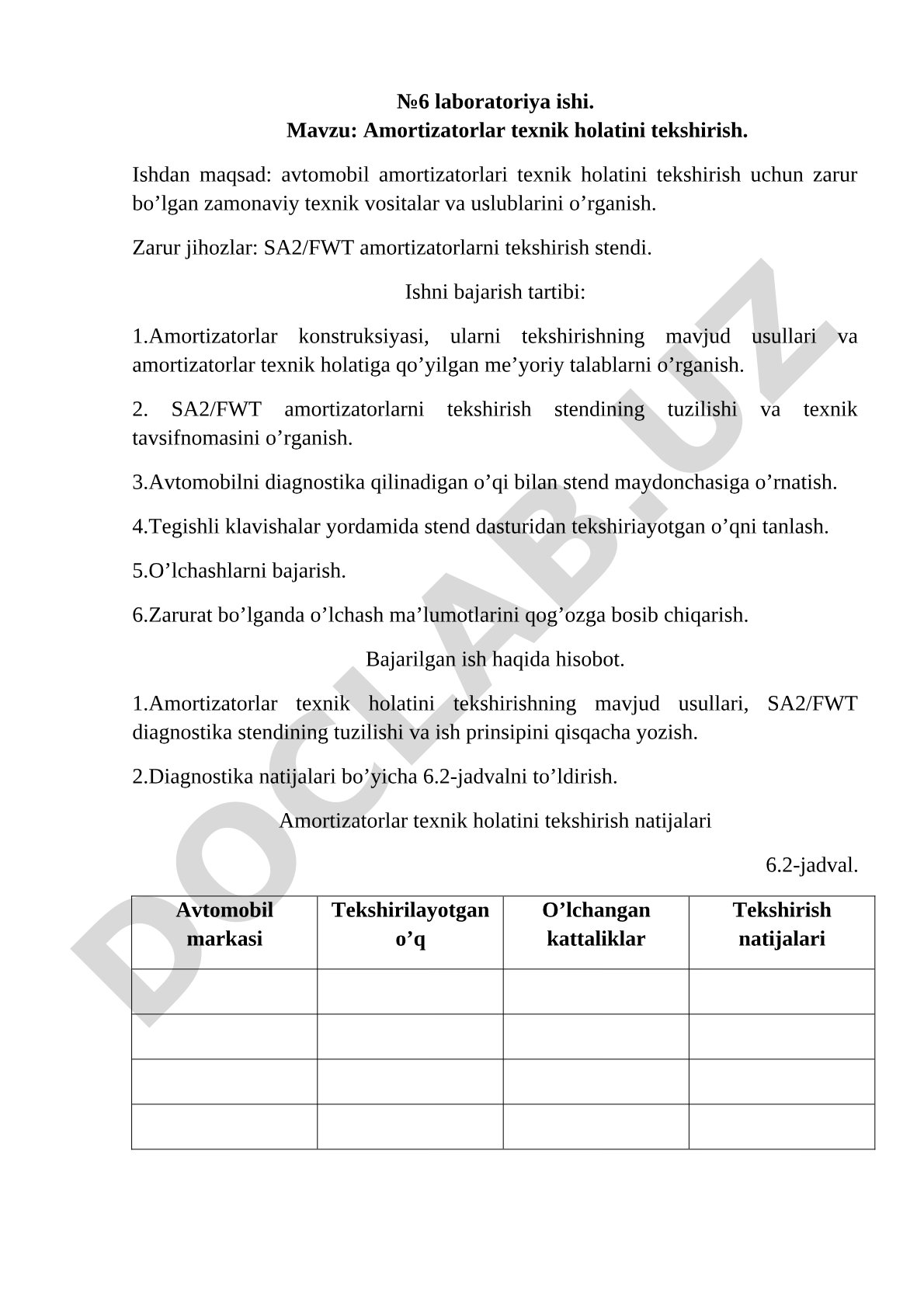 Amortizatorlar texnik holatini tekshirish