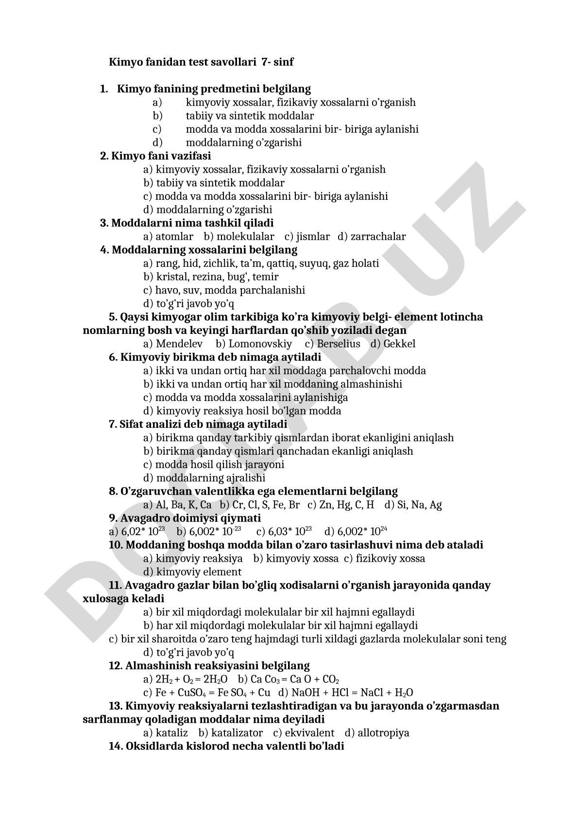 Kimyo fanidan 7-sinf test savollari