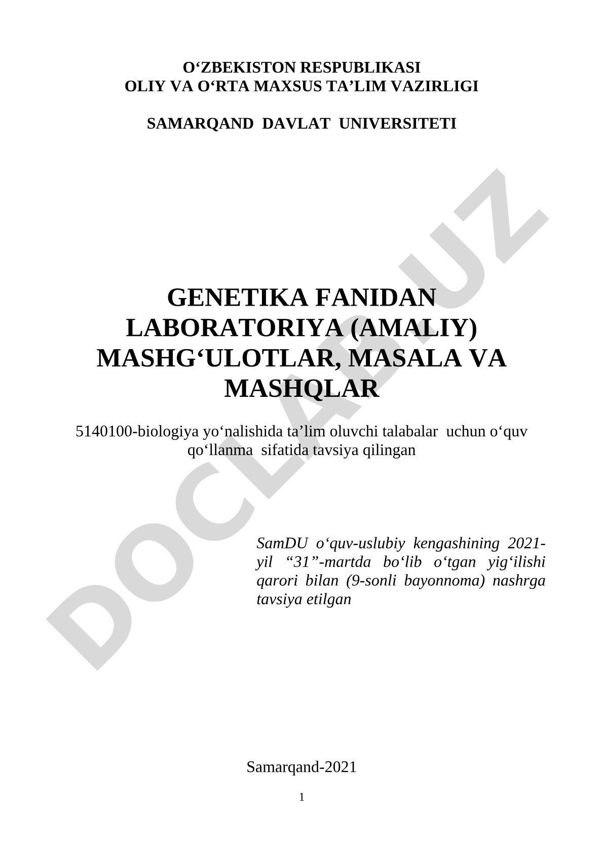 Genetika fanidan laboratoriya mashg'ulotlari, masala va mashqlar