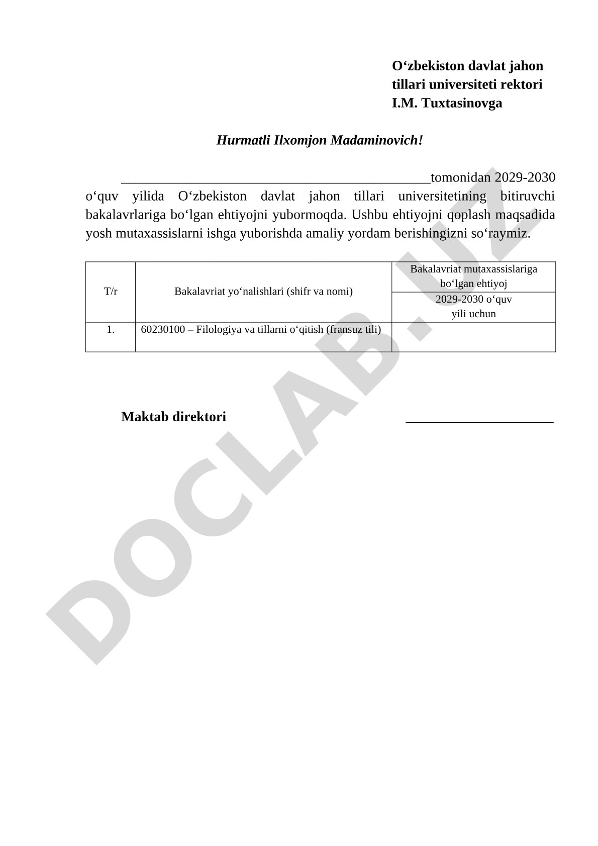 2029-2030 o‘quv yilida fransuz tili mutaxassislariga ehtiyoj