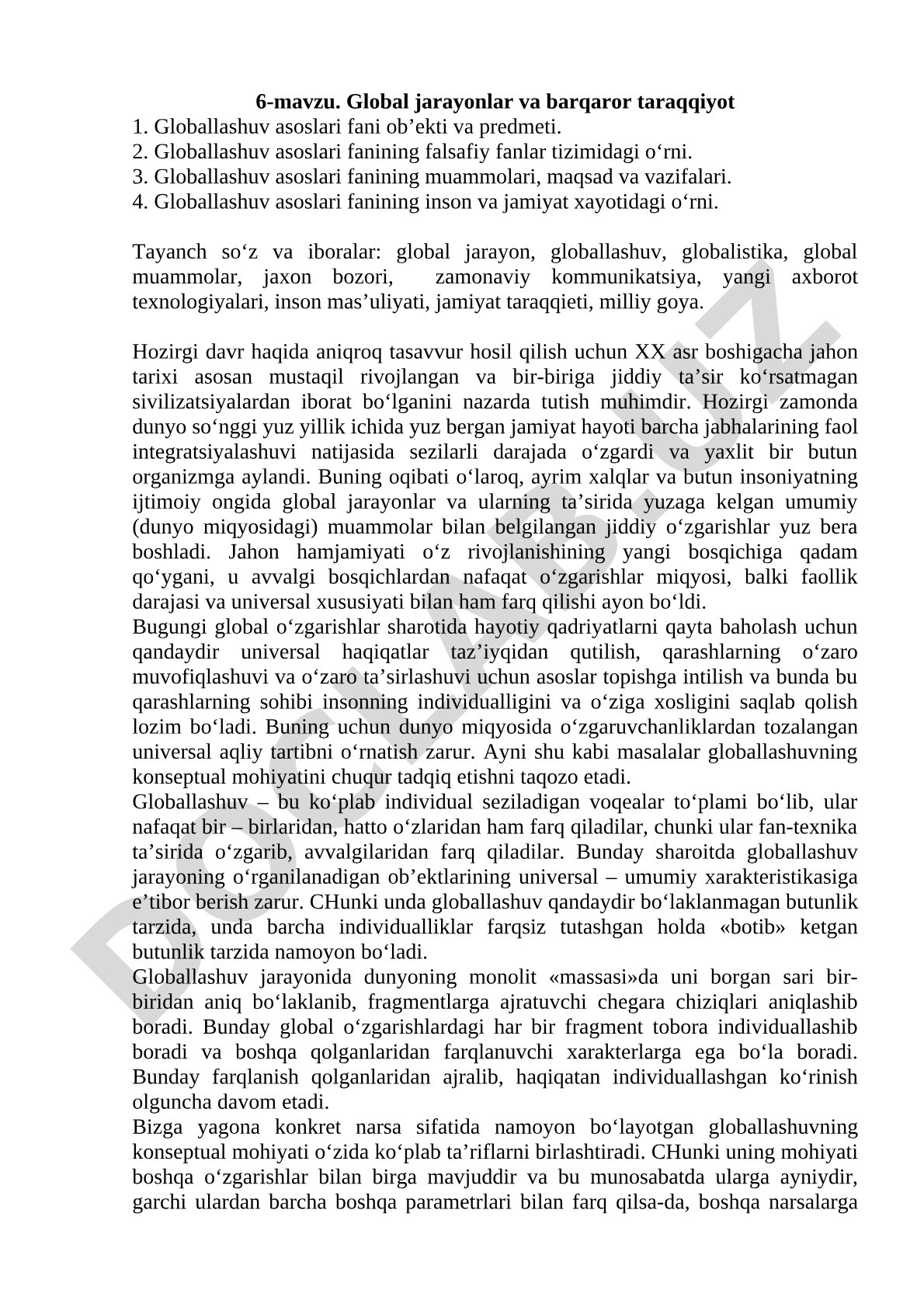 Global jarayonlar va barqaror taraqqiyot