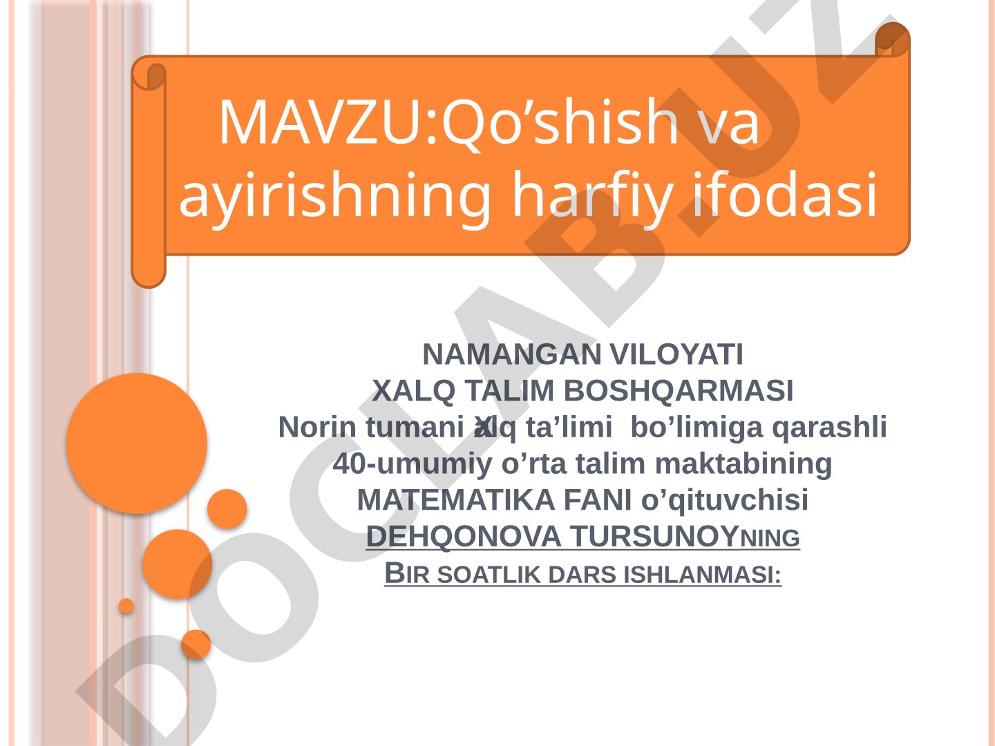 Qo’shish va ayirishning harfiy ifodasi