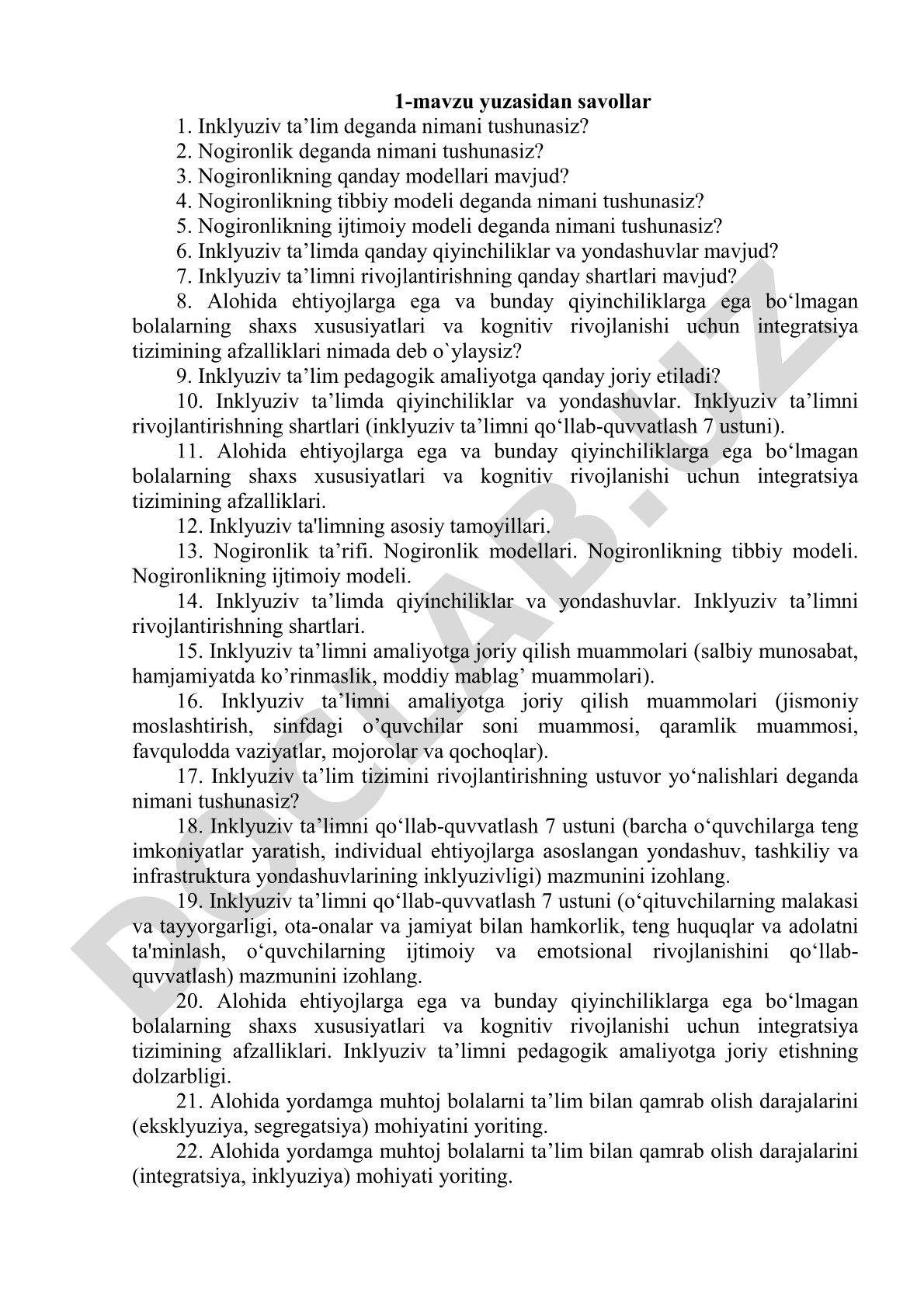 Inklyuziv ta'lim va nogironlik modellari bo'yicha savollar