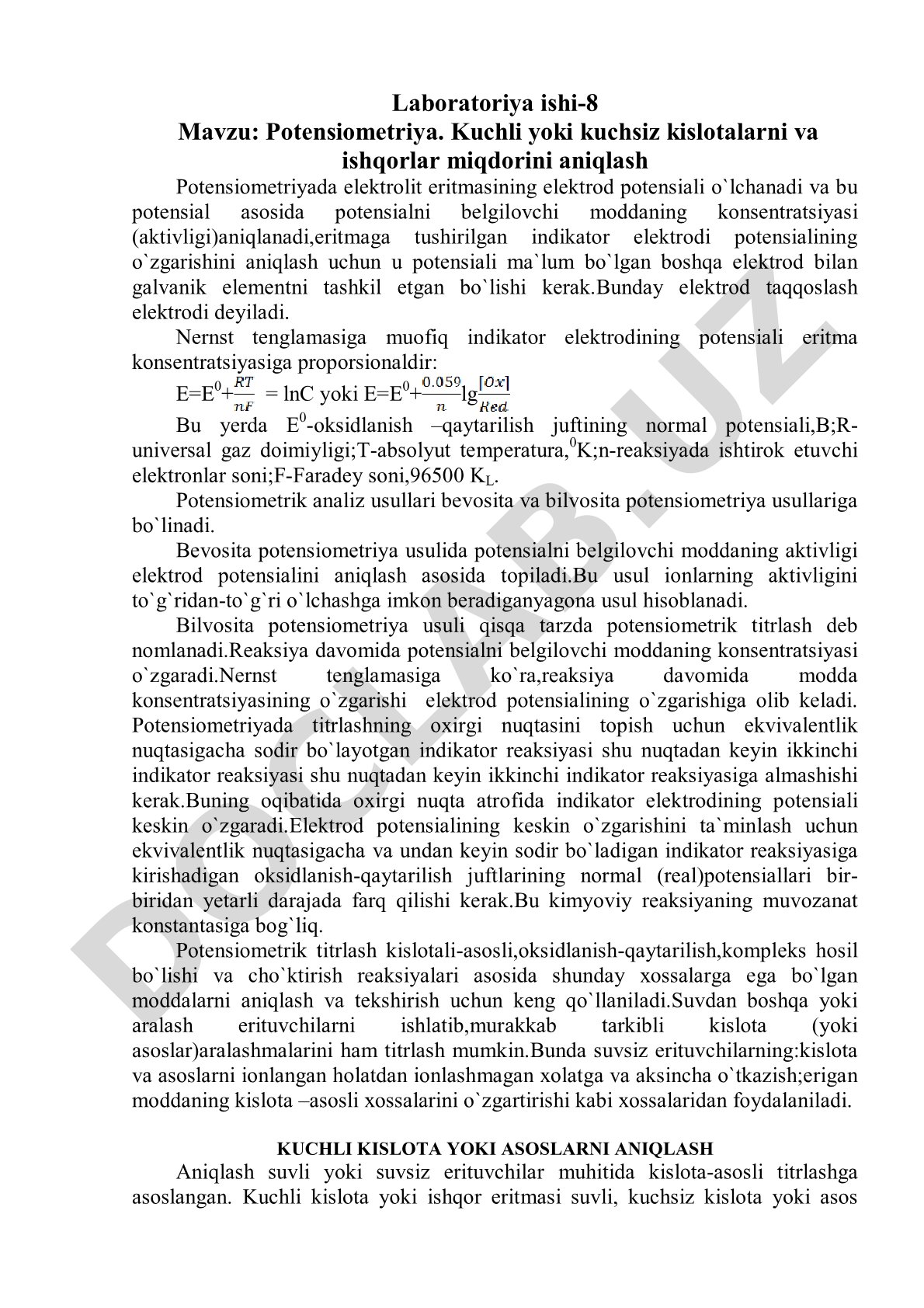 Potensiometriya. Kuchli yoki kuchsiz kislotalarni va ishqorlar miqdorini aniqlash