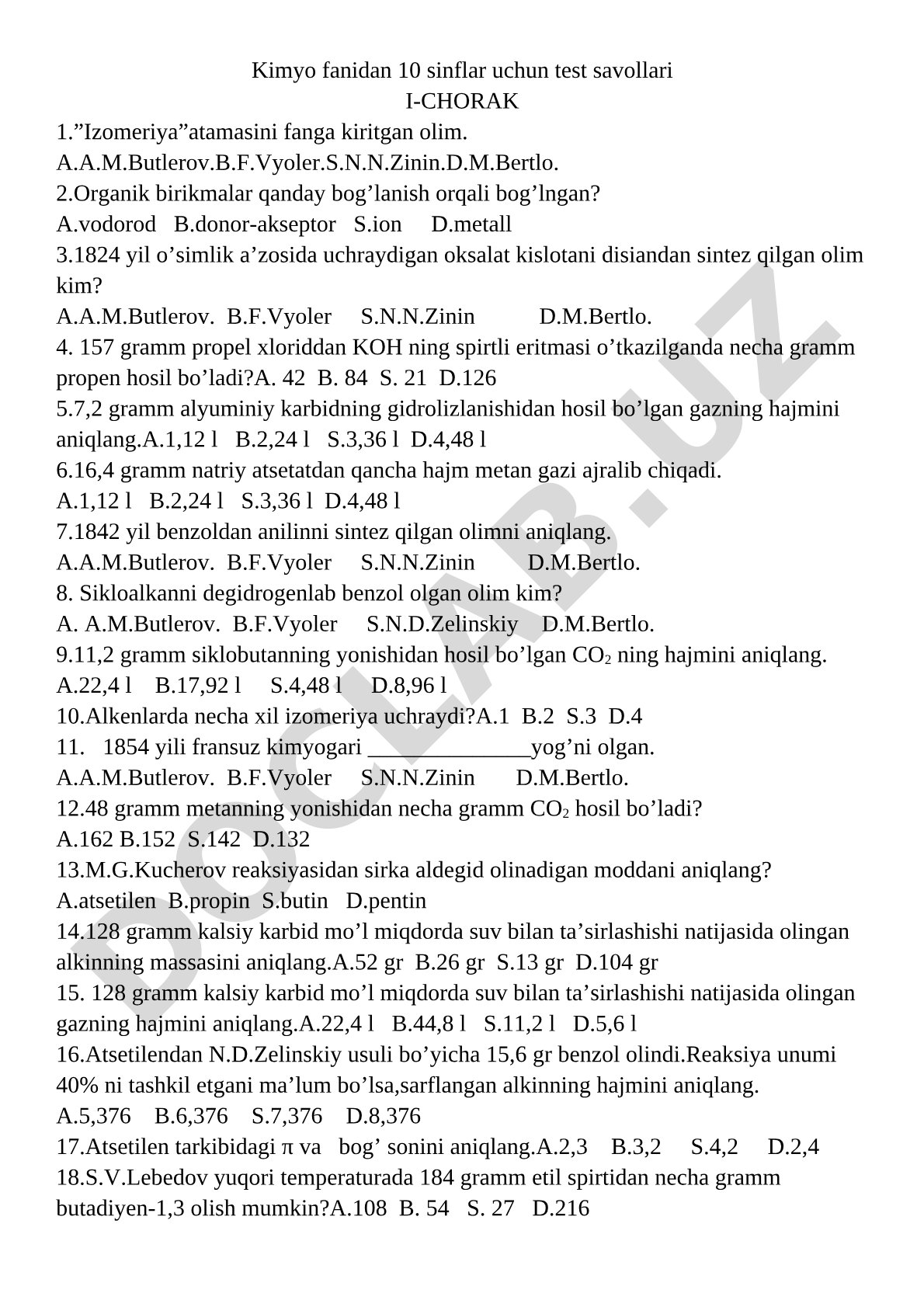 Kimyo fanidan 10 sinflar uchun test savollari I-CHORAK
