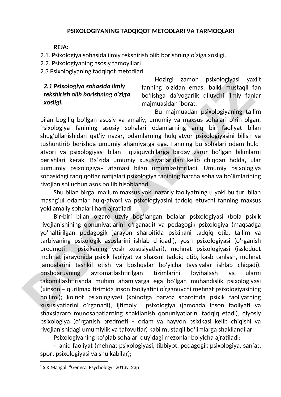 Psixologiyaning tadqiqot metodlari va tarmoqlari