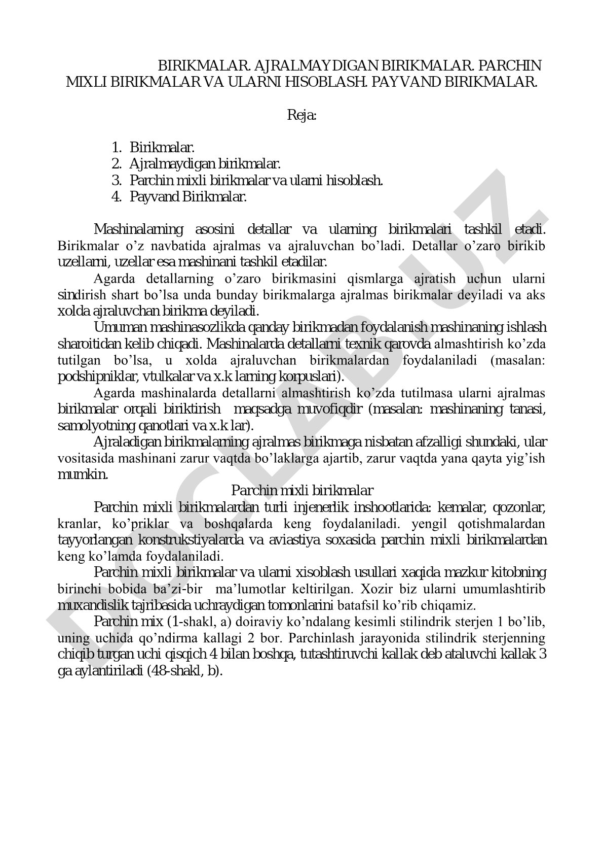 Birikmalar. ajralmaydigan birikmalar. parchin mixli va payvand birikmalar