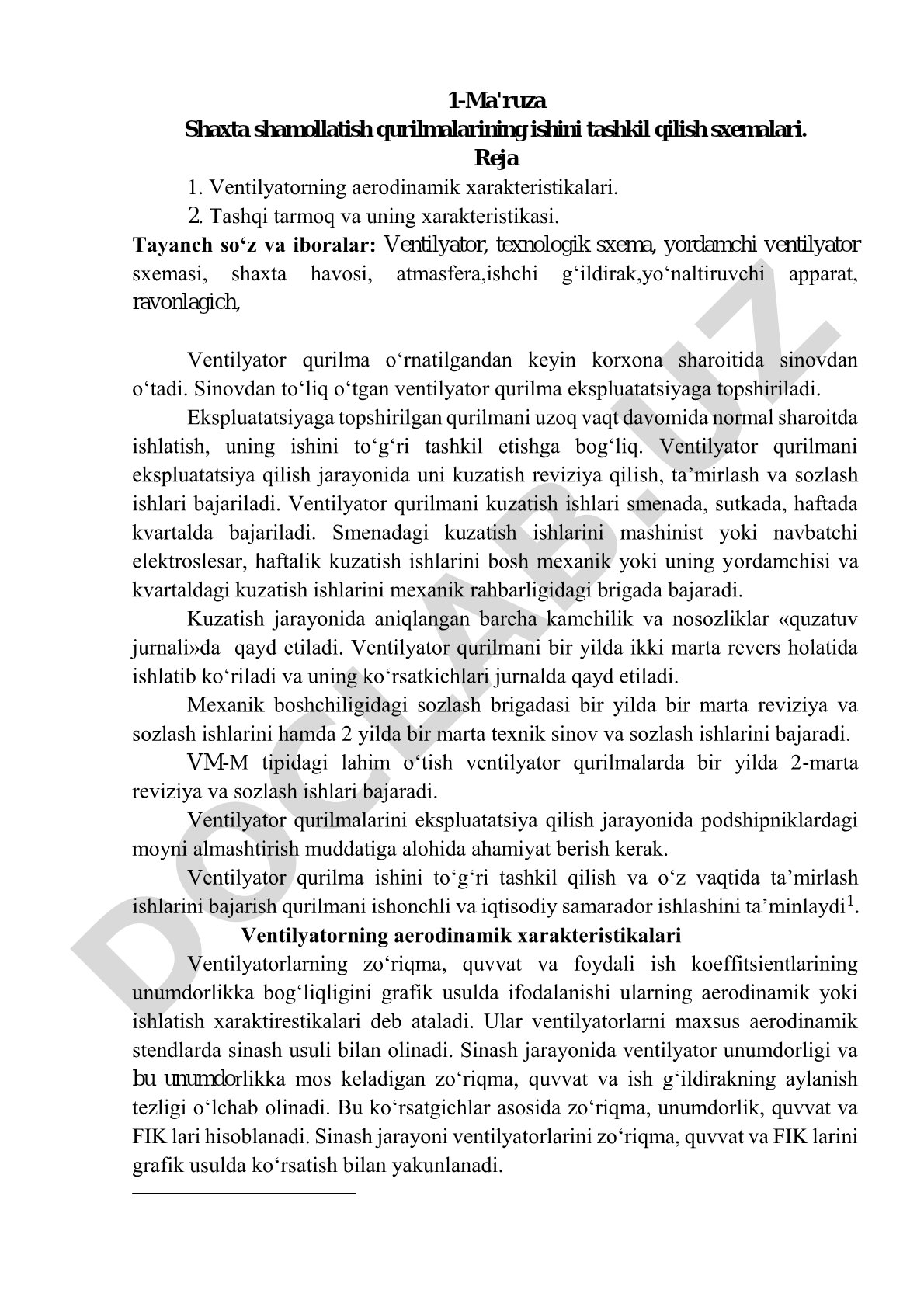 1-Ma'ruza Shaxta shamollatish qurilmalarining ishini tashkil qilish sxemalari