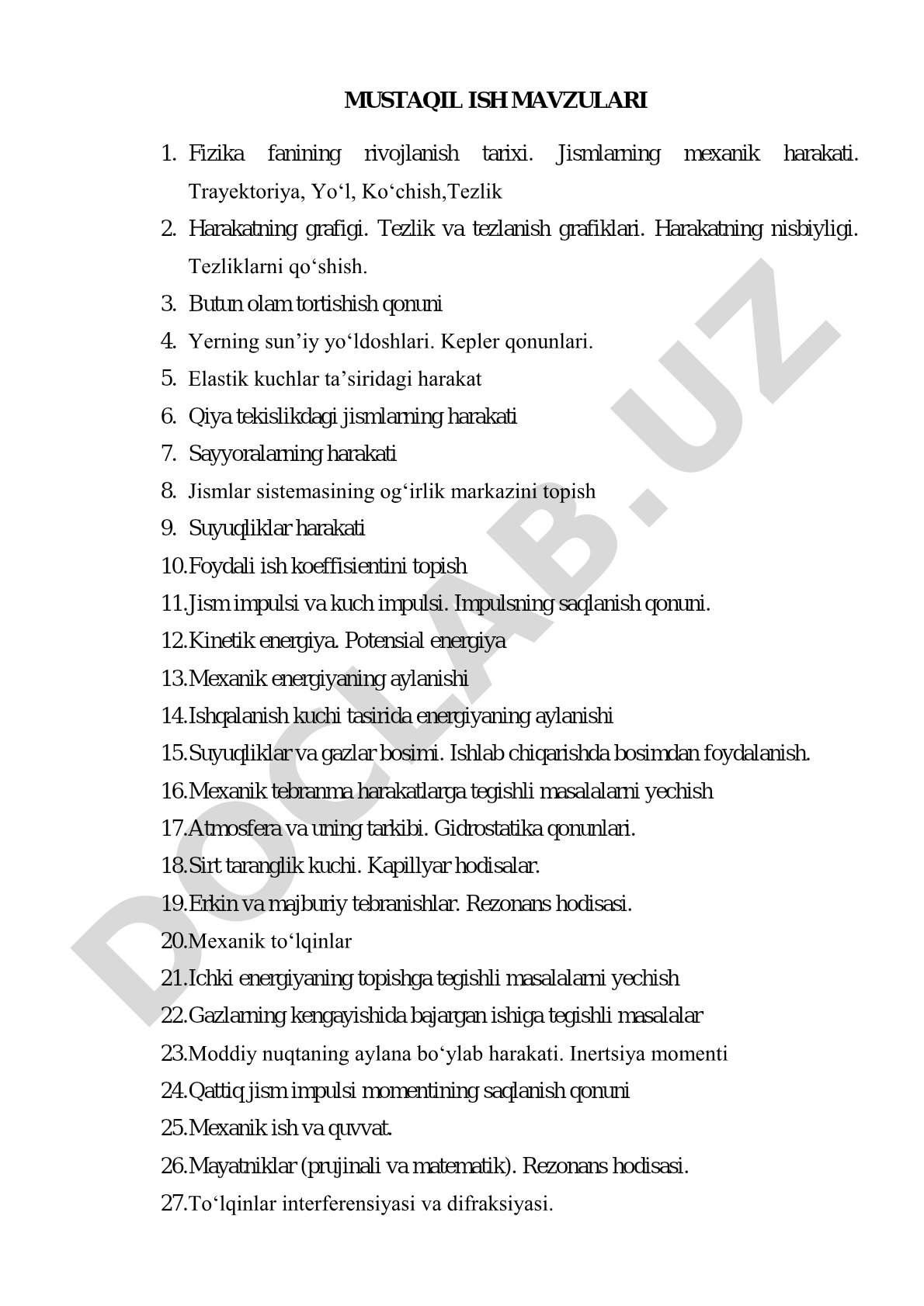 Fizika fanidan mustaqil ish mavzulari