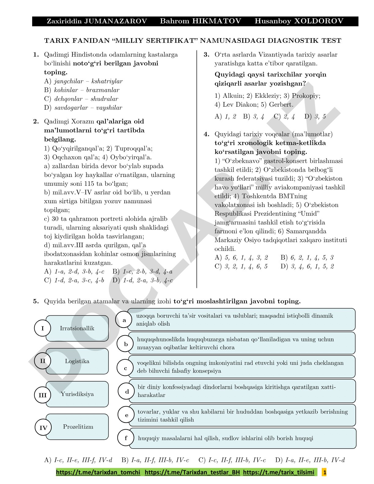 Tarix fanidan milliy sertifikat namunasidagi diagnostik test