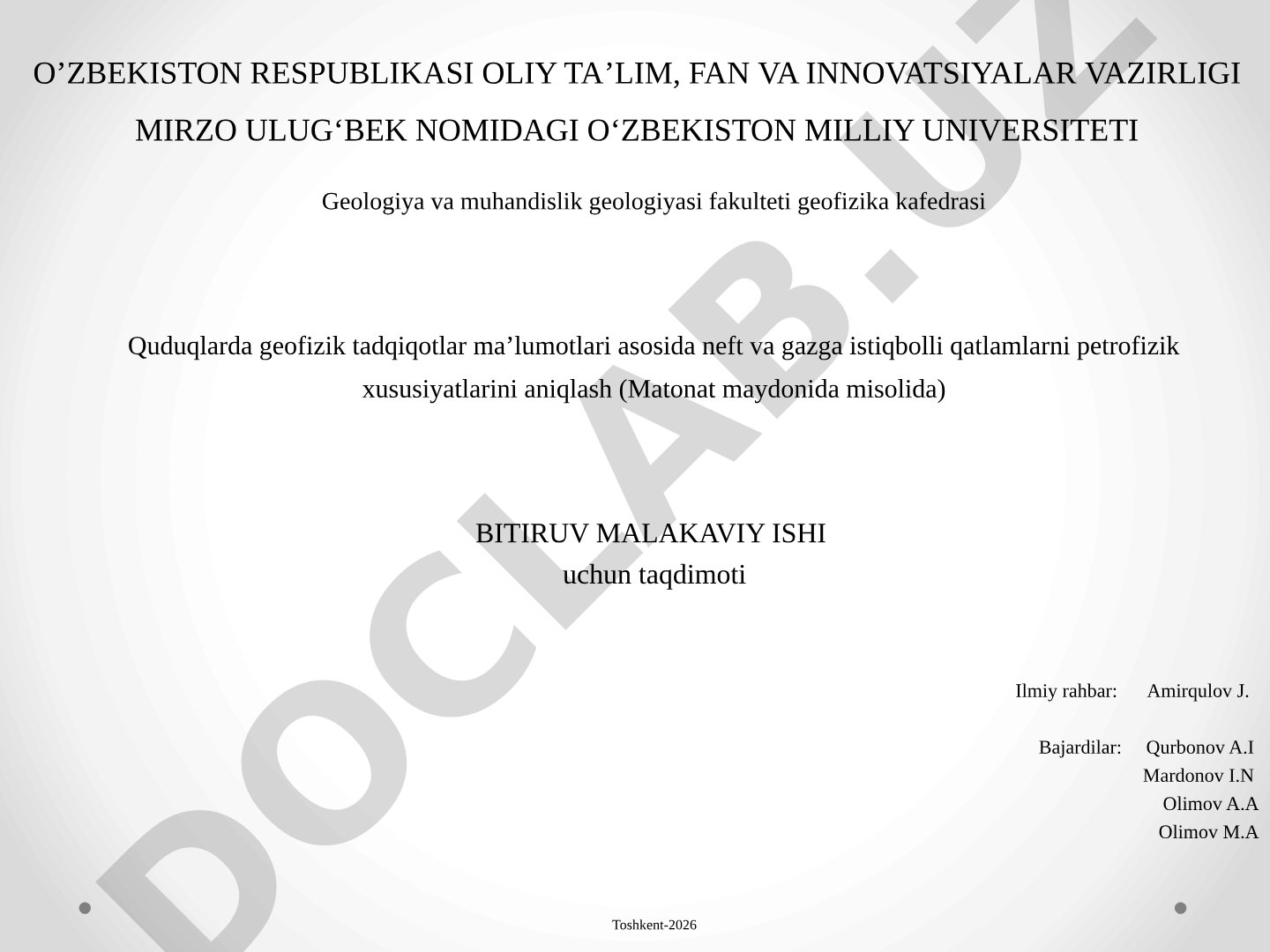 Matonat maydonida neft va gazga istiqbolli qatlamlarning petrofizik xususiyatlarini aniqlash