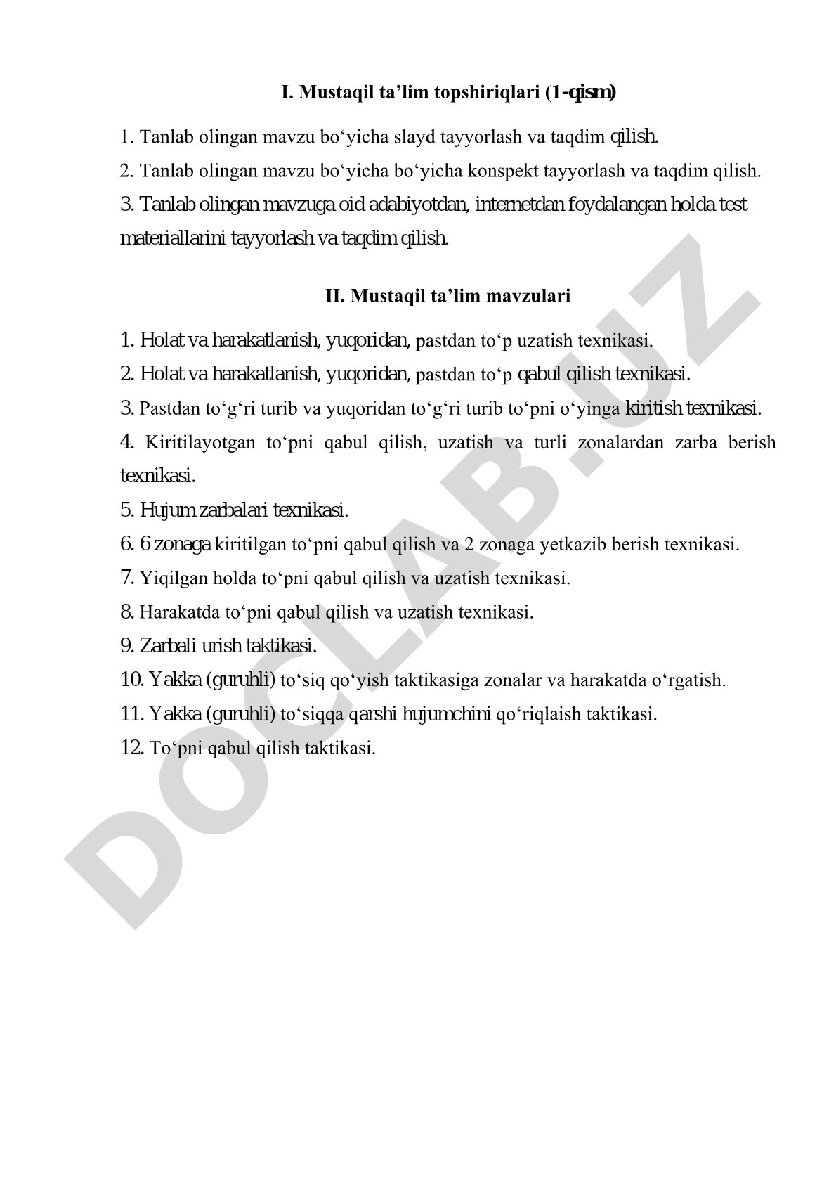 Voleybol texnikasi va taktikasi bo'yicha mustaqil ta'lim mavzulari