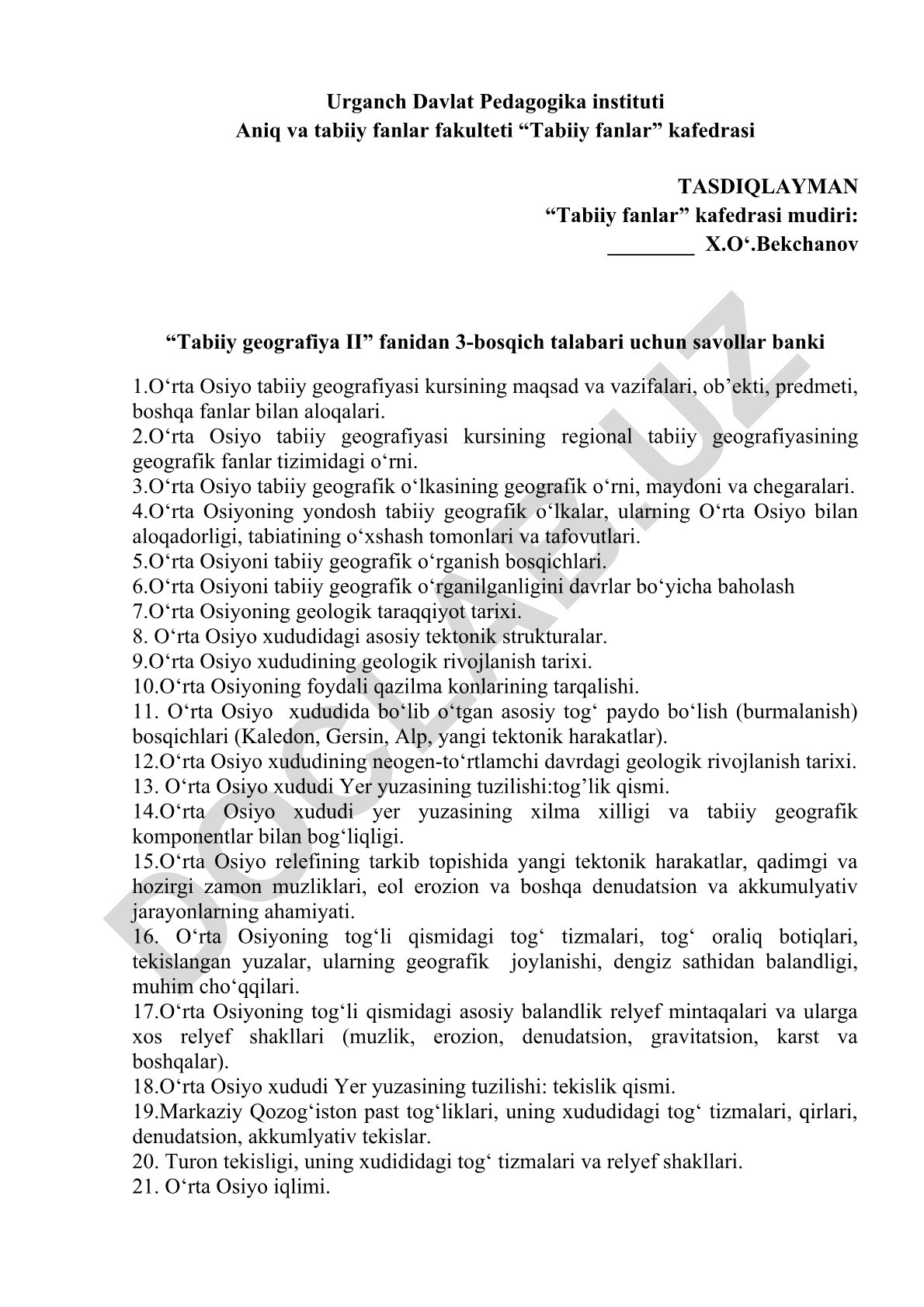 O‘rta Osiyo tabiiy geografiyasi fanidan savollar banki