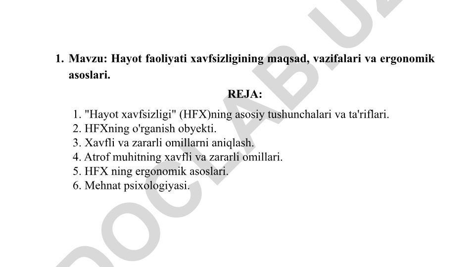 Hayot faoliyati xavfsizligining maqsad, vazifalari va ergonomik asoslari