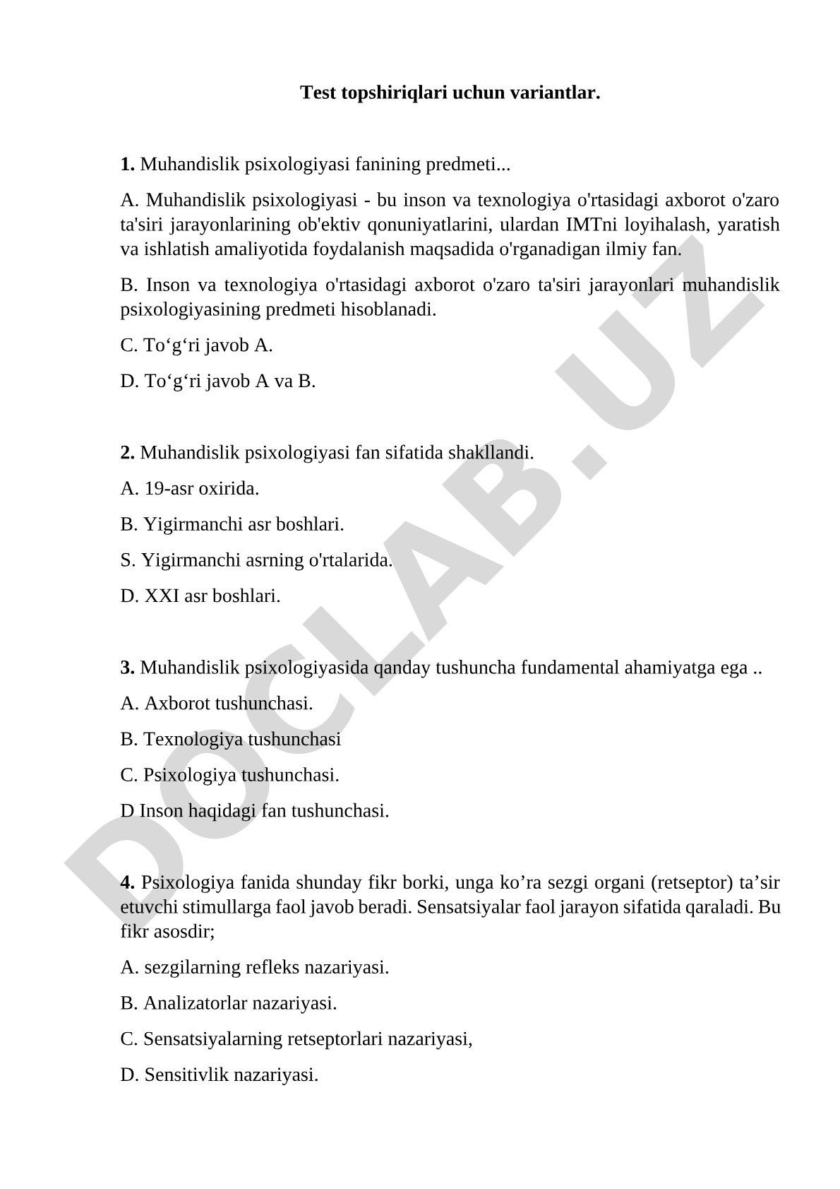 Muhandislik psixologiyasi fanidan test topshiriqlari