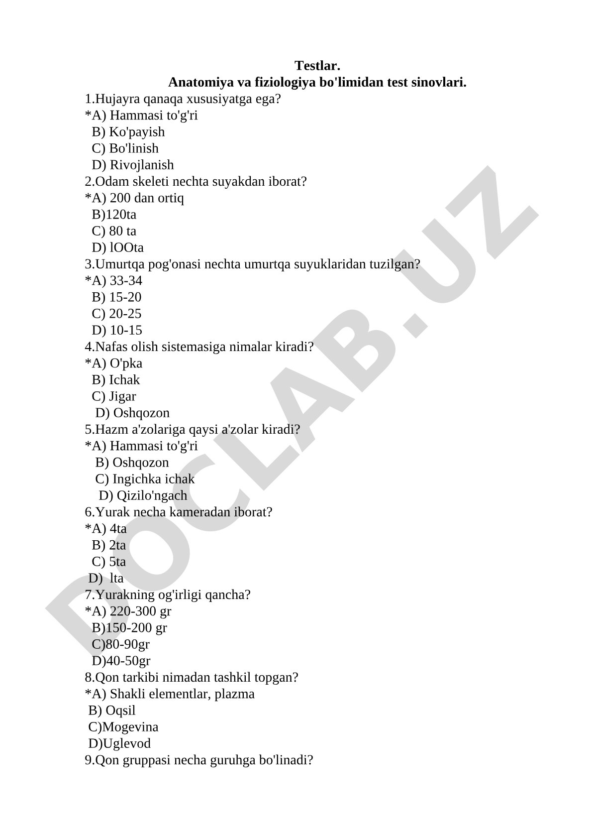 Anatomiya va fiziologiya bo'limidan test sinovlari