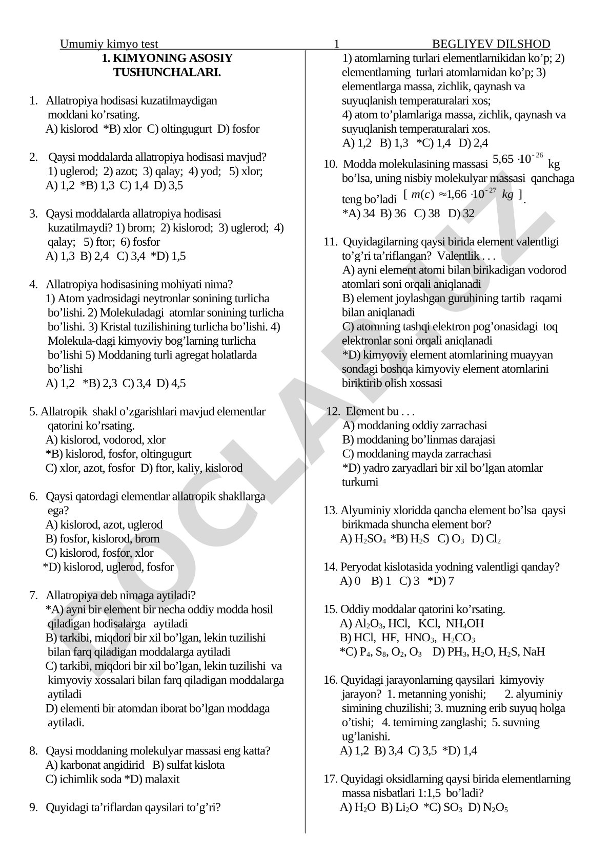Umumiy kimyo test 3