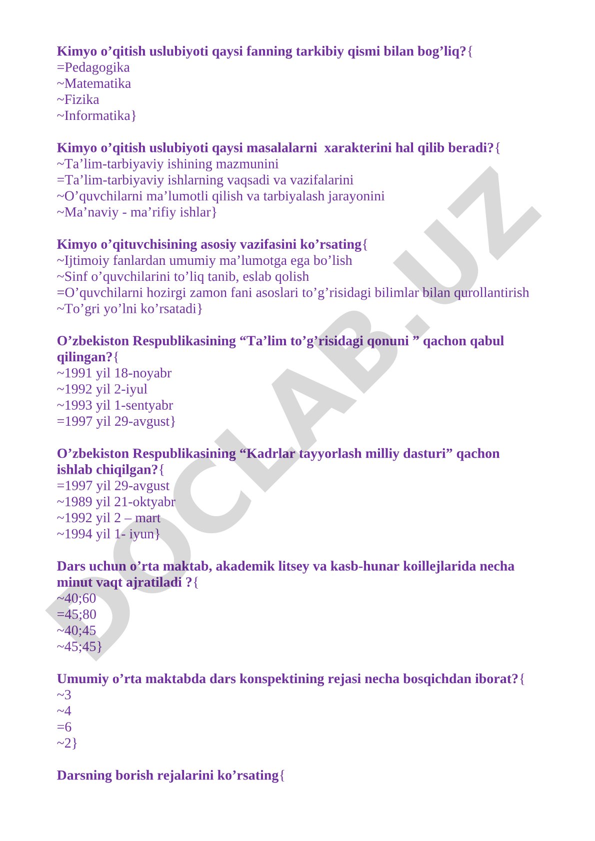 Kimyo o'qitish uslubiyotidan test savollari