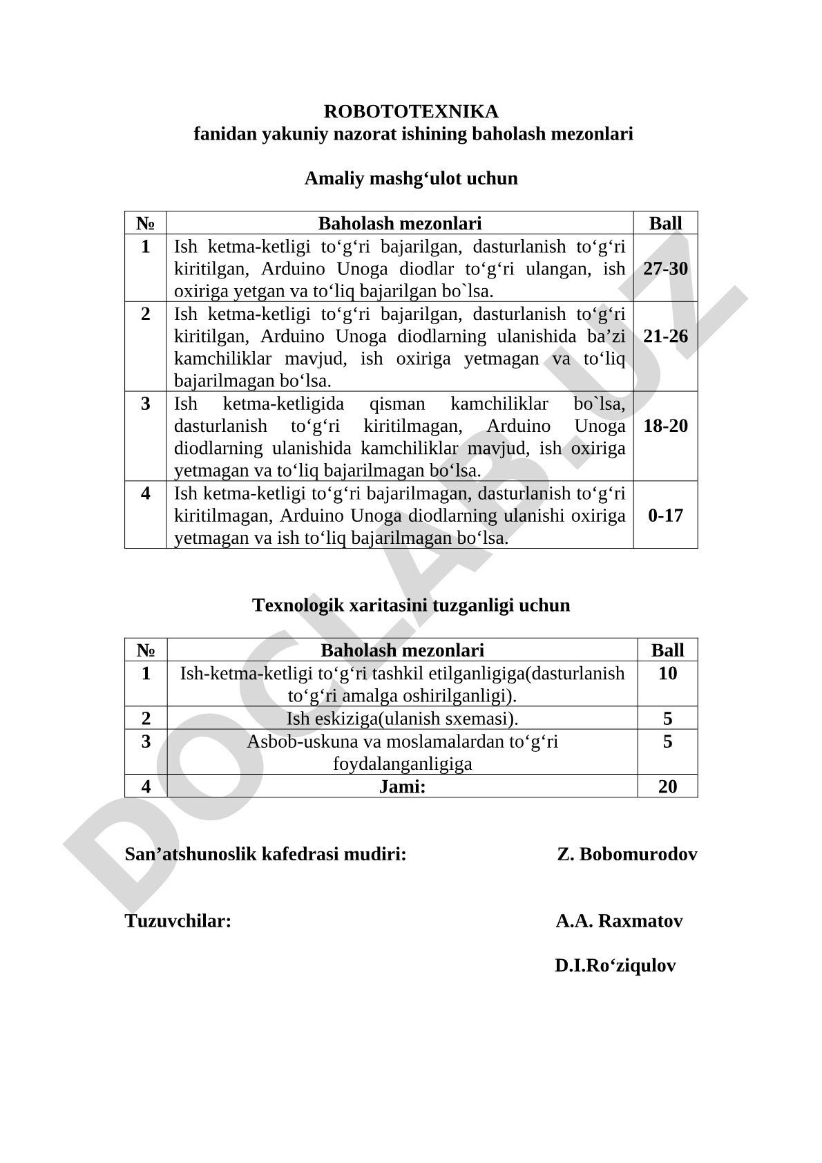 Robototexnika fanidan yakuniy nazorat ishini baholash mezonlari