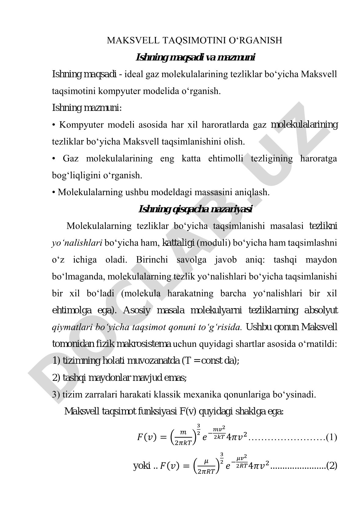Maksvell taqsimotini o‘rganish