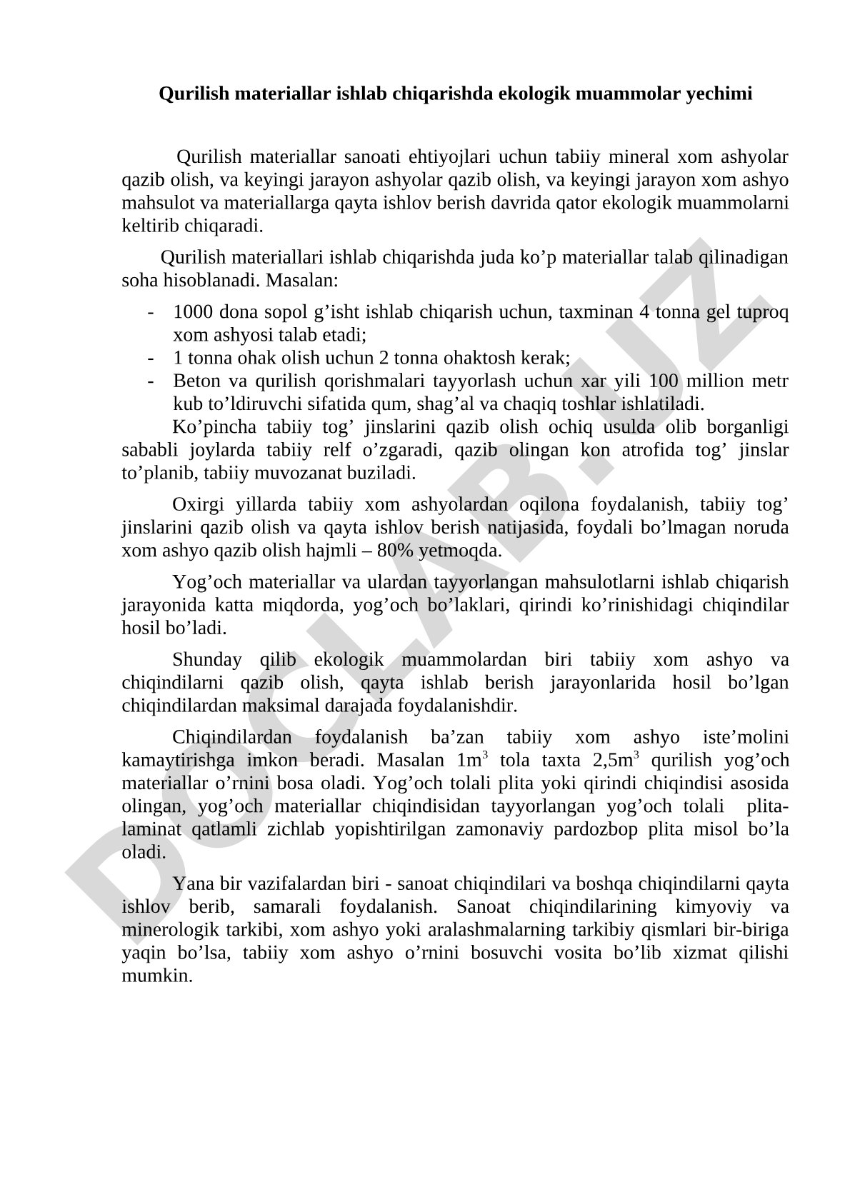 Qurilish materiallar ishlab chiqarishda ekologik muammolar yechimi