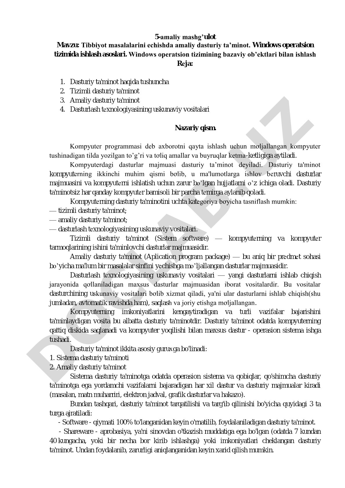 Tibbiyot masalalarini echishda amaliy dasturiy ta’minot. Windows operatsion tizimida ishlash asoslari. Windows operatsion tizimining bazaviy ob’ektlari bilan ishlash