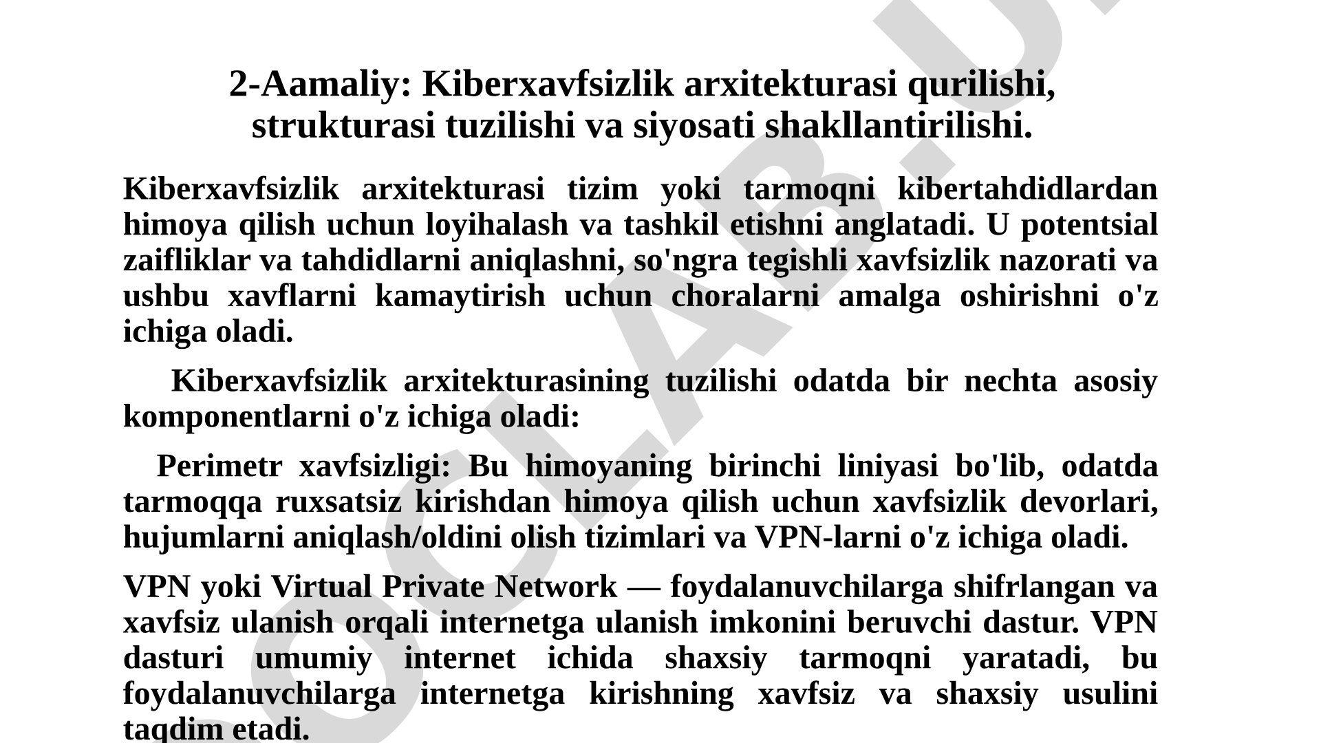 Kiberxavfsizlik arxitekturasi qurilishi, strukturasi tuzilishi va siyosati shakllantirilishi
