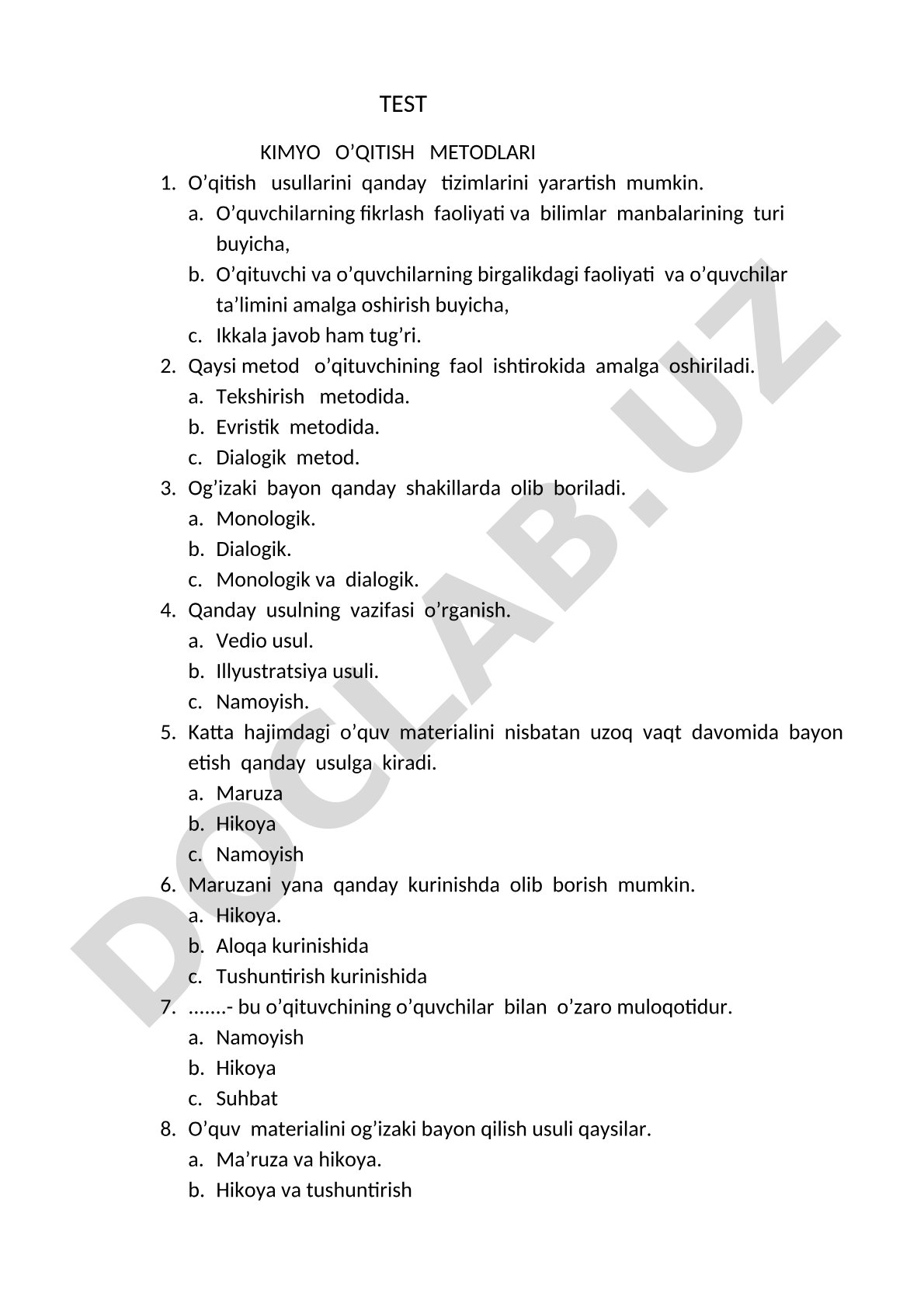 Kimyo o'qitish metodlari