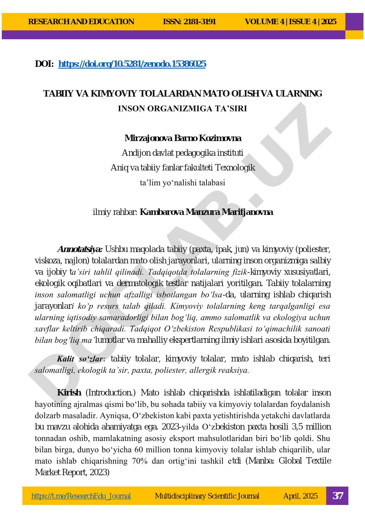 Tabiiy va kimyoviy tolalardan mato olish va ularning inson organizmiga ta'siri