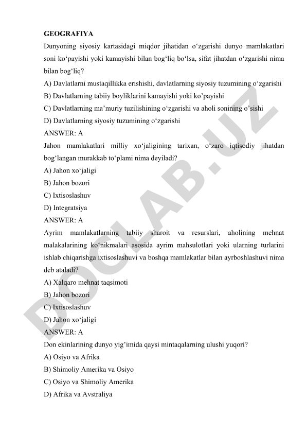 Geografiya fanidan test savollari va javoblari