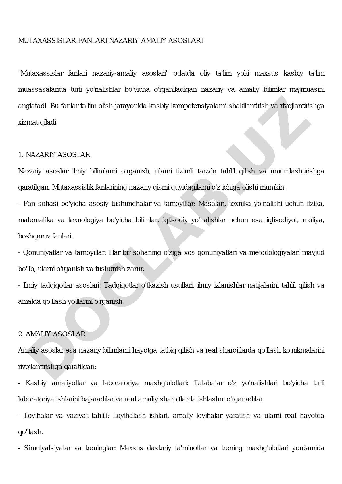 MUTAXASSISLAR FANLARI NAZARIY-AMALIY ASOSLARI