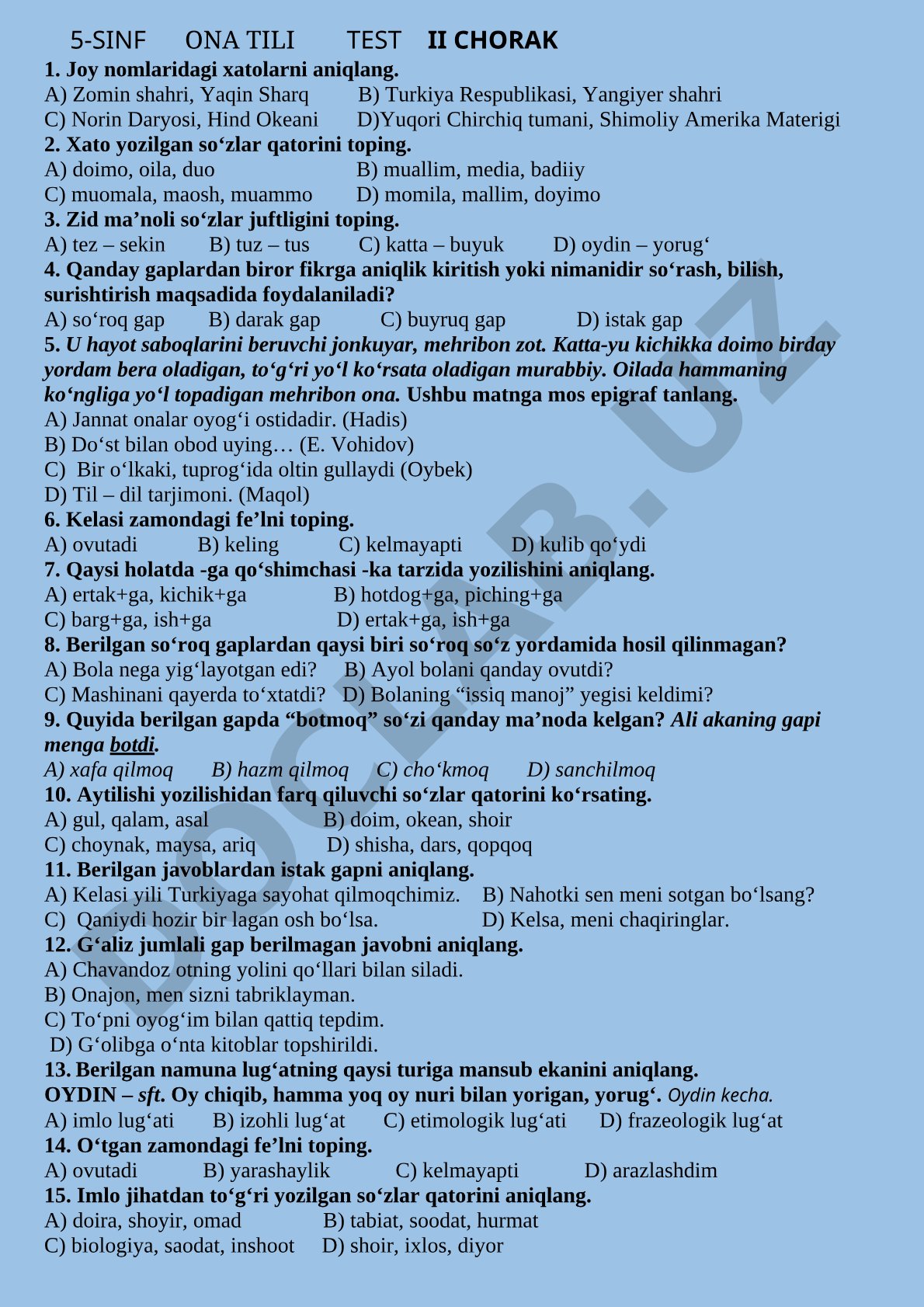 5-SINF ONA TILI TEST II CHORAK