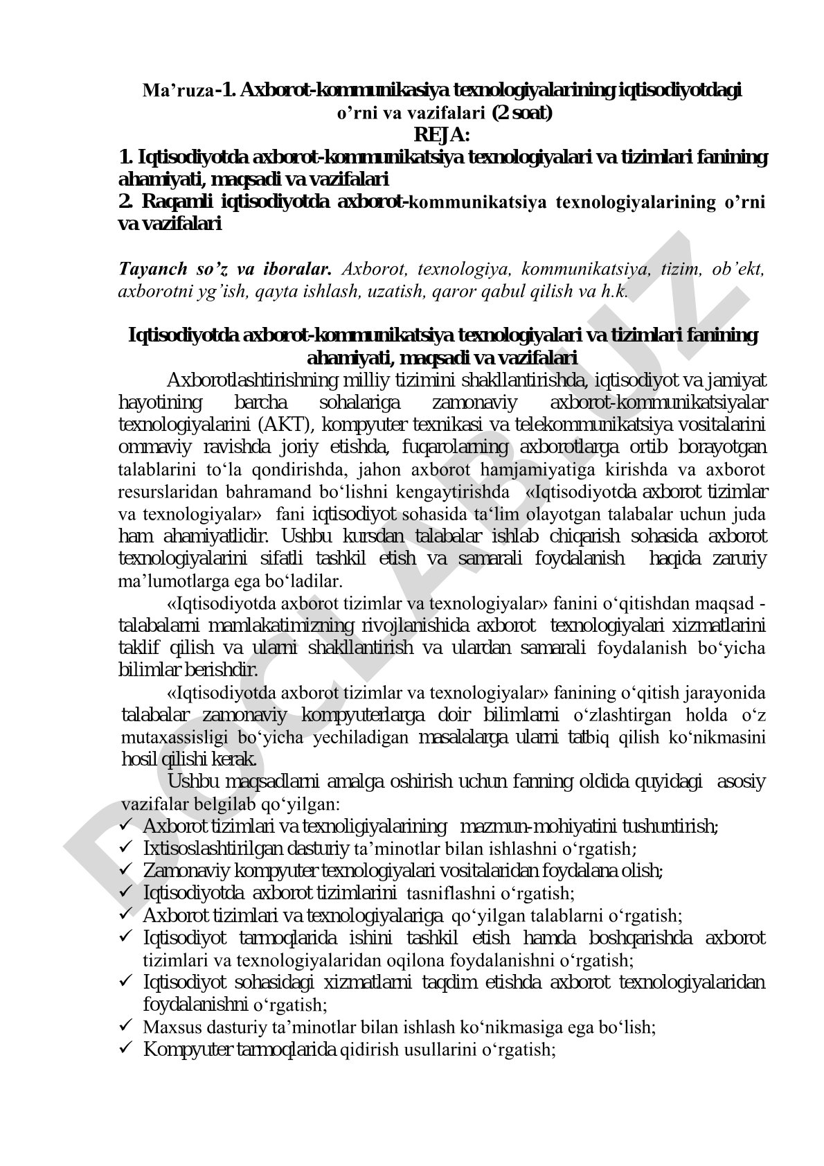 Axborot-kommunikasiya texnologiyalarining iqtisodiyotdagi o'rni va vazifalari