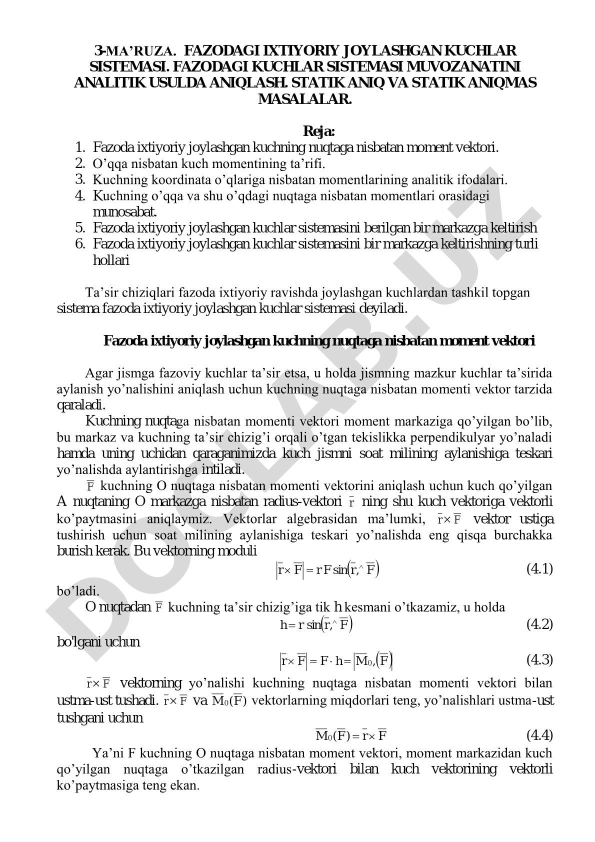 Fazodagi ixtiyoriy joylashgan kuchlar sistemasi